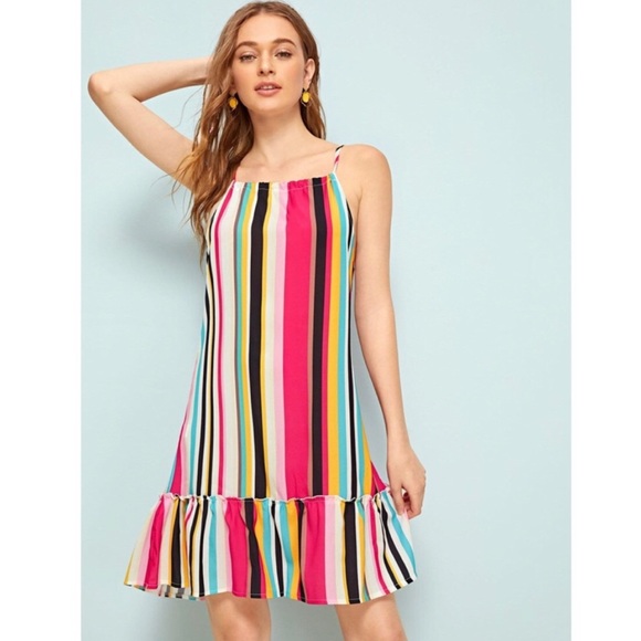 Tropical Colorful Striped Ruffle Ham Cami Dress - Picture 2 of 6
